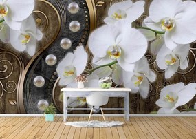 Fototapet 3D, Orhidei albe si perle pe un fundal auriu Art.05036