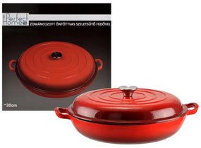 Cratiță din fontă emailată cu capac 30 cm, 2.5L – Perfect Home 14017, roșie, pentru friptură la cuptor și distribuție termică uniformă