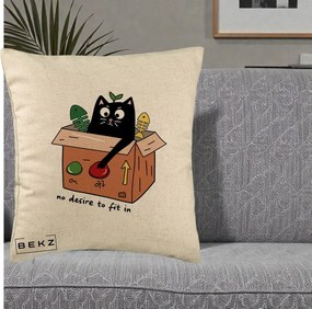 Perna Decorativa Pisica in Cutie No Desire to Fit In, 40x40 cm, Bej, Husa Detasabila, Perna Inclusa, BEKZ®