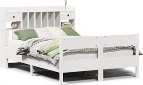 vidaXL Pat cu bibliotecă fără saltea, alb, 140x200 cm, lemn masiv pin