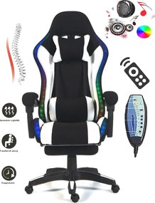 RESIGILAT- ALFORD Scaun gaming cu Masaj in 5 puncte, Perna lombara cu Masaj, Sistem iluminare banda LED RGB, Boxe Bluetooth, suport picioare, textil, Negru