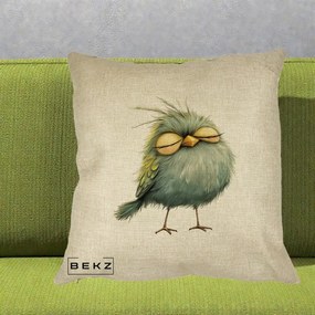 Perna Decorativa Pasare Teal Adormita cu Ochi Galbeni, 40x40 cm, Crem, Husa Detasabila, Perna Inclusa, BEKZ®