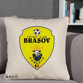 Perna Personalizata FC Brasov Fotbal Romania, 40x40 cm, Bej Canapea, Husa Detasabila, Perna Inclusa, BEKZ®