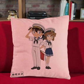 Perna Personalizata Detective Conan Conan si Ai Sailor, 40x40 cm, Roz, Husa Detasabila, Perna Inclusa, BEKZ®