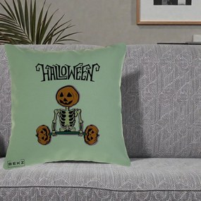 Perna Decorativa Halloween Schelet cu Cap de Dovleac Powerlifting, 40x40 cm, Verde, Husa Detasabila, Perna Inclusa, BEKZ®