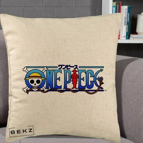 Perna Personalizata One Piece Clasic Albastru, 40x40 cm, Bej, Husa Detasabila, Perna Inclusa, BEKZ®