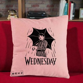 Perna Personalizata Wednesday cu Umbrela Ploaie Lineart, 40x40 cm, Roz, Husa Detasabila, Perna Inclusa, BEKZ®