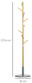 HOMCOM Suport de Haine pentru Hol, din MDF și Bambus, cu 8 Cârlige, Bază Rotundă din Metal, Ø37,8x175,6 cm, Culoare Lemn și Gri | Aosom Romania