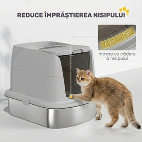 PawHut Litieră Închisă pentru Pisici din Oțel Inoxidabil, cu Capac Rabatabil, Acces Dublu și Paletă, Gri Deschis | Aosom Romania