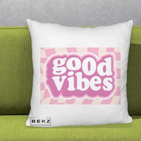 Perna Decorativa Good Vibes Retro Roz, 40x40 cm, Alb Pufos, Husa Detasabila, Perna Inclusa, BEKZ®
