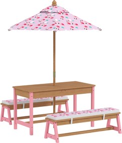 AIYAPLAY Masă de picnic pentru copii cu bănci, perne, umbrelă pliabilă, cutii de depozitare detașabile, model flamingo, roz | Aosom Romania