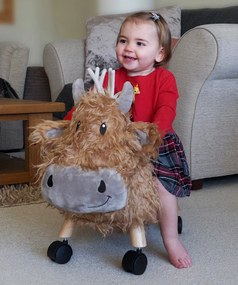 Little Bird Told Me - Vacuta Hubert Highland, Ride On Animal Toy, pentru copii de peste 1 an, Cadru robust din lemn, Scaun captusit
