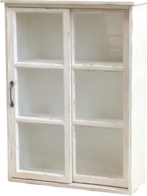 Dulap de perete vintage din lemn, alb, cu 2 uși glisante din sticlă și 2 rafturi, finisaj antichizat, 72 x 52 x 20 cm, „Sézanne”