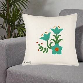 Perna Decorativa Flori Stilizate Folk Turcoaz, 40x40 cm, Crem Reliefat, Husa Detasabila, Perna Inclusa, BEKZ®
