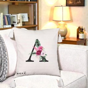 Cadou Personalizat - Perna Personalizata Monograma Florala Litera A, 40x40 cm, Bej cu Franjuri, Husa Detasabila, Perna Inclusa, BEKZ®