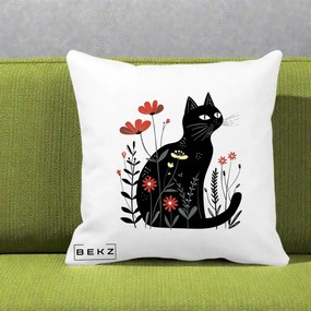 Perna Decorativa Pisica Neagra Flori Rosii Folk, 40x40 cm, Alba Mata, Husa Detasabila, Perna Inclusa, BEKZ®