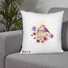 Perna Decorativa Pasare Roz pe Colivie Aurie cu Flori, 40x40 cm, Alb Pufos, Husa Detasabila, Perna Inclusa, BEKZ®