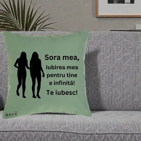 Cadou pentru Sora - Perna Personalizata Sora Mea Te Iubesc Siluete Negre Tinand Maini, 40x40 cm, Verde, Husa Detasabila, Perna Inclusa, BEKZ®