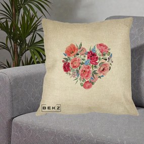 Perna Decorativa Inima din Bujori Acuarela, 40x40 cm, Crem, Husa Detasabila, Perna Inclusa, BEKZ®