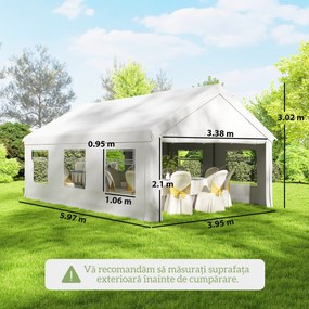 Outsunny Pavilion de Grădină 4x6 m cu Pereți Laterali, 6 Ferestre și Dublă Intrare, din Oțel Galvanizat, Alb | Aosom Romania