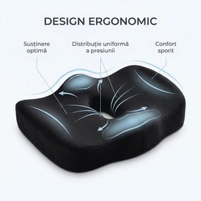 Perna ortopedica sezut memory foam cu gel si orificii de ventilatie, fermitate extra, Negru