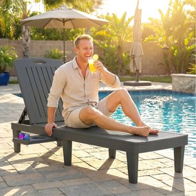 Outsunny Set de 2 șezlonguri de grădină din plastic PP cu tavă laterală, reglabile în 5 poziții, gri | Aosom Romania