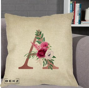 Cadou Personalizat - Perna Personalizata Monograma Rose Gold Litera A, 40x40 cm, Crem, Husa Detasabila, Perna Inclusa, BEKZ®
