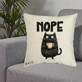 Perna Decorativa NOPE Pisica Neagra Cafea, 40x40 cm, Ecru, Husa Detasabila, Perna Inclusa, BEKZ®