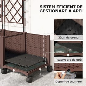 Outsunny Jardinieră Înălțată cu Grilaj 130L, Pat pentru Grădină Înălțat de Exterior cu Roți Blocabile, Sistem de Autoirigare, Găuri de Drenaj pentru Plante Cățărătoare, Legume, Flori, Maro | Aosom Romania