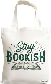 Sacosa de Panza pentru Cumparaturi, Geanta Tote, model Stay bookish 38 x 34.5 cm, Alba, BEKZ®