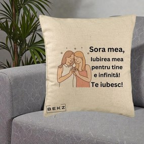 Cadou pentru Sora - Perna Personalizata Sora Mea Te Iubesc Imbratisare cu Sclipiri, 40x40 cm, Bej, Husa Detasabila, Perna Inclusa, BEKZ®