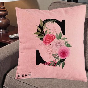 Cadou Personalizat - Perna Personalizata Monograma Florala Litera S, 40x40 cm, Roz, Husa Detasabila, Perna Inclusa, BEKZ®