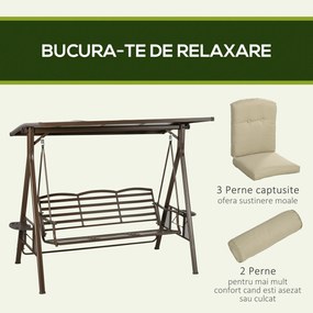 Outsunny Balansoar de Gradina 3 Locuri din Otel si Poliester cu Baldachin Rabatabil din PC si Perne pentru Spatar si Brate, 208x120x174 cm, Maro si Kaki | Aosom Romania