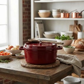 Oala din fonta Staub La Cocotte 40502-278-0, 6,7 l, 28 cm, de la -20°C pana la 260 °C, Emailata, Capac cu structura anti-picaturi, Toate plitele inclusiv inductie, Bordeaux