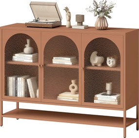 HOMCOM Bufet pentru living, mobilier de depozitare cu 3 uși vitrate arcuite și raft deschis, 140 x 40 x 105 cm, ruginiu | Aosom Romania