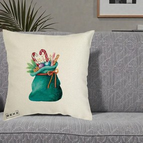 Perna Decorativa Saculet Cadouri Mos Craciun Acuarela Verde, 40x40 cm, Ecru, Husa Detasabila, Perna Inclusa, BEKZ®