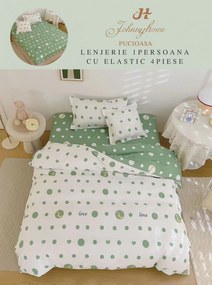 Set Lenjerie De Pat 1 Persoana, 4 piese, cu ELASTIC - Love Verde Cu Buline