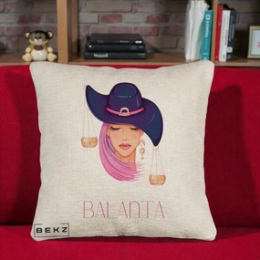 Perna Personalizata Zodiac Balanta Cowgirl, 40x40 cm, Bej Canapea, Husa Detasabila, Perna Inclusa, BEKZ®