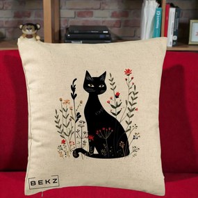 Perna Decorativa Pisica Neagra Botanica Rosu-Gri, 40x40 cm, Bej, Husa Detasabila, Perna Inclusa, BEKZ®