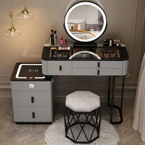 Set MIRANDA, Masă de toaletă pentru machiaj cu oglindă iluminată LED, control touch, comoda, scaun, Difuzor Bluetooth, zona încărcare fără fir, port de încărcare USB, Gri