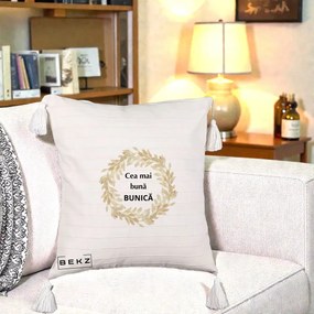 Cadou pentru Bunica - Perna Personalizata Cea Mai Buna Bunica Coronita Frunze Acuarela, 40x40 cm, Bej cu Franjuri, Husa Detasabila, Perna Inclusa, BEKZ®