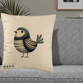 Perna Decorativa Pasare Teal Decorativa Dungata, 40x40 cm, Bej, Husa Detasabila, Perna Inclusa, BEKZ®