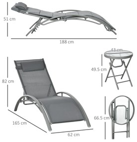 Outsunny Set de 2 Sezlonguri si Masa Pliabila cu Blat din Sticla, Sezlonguri Pliabile pe 4 Niveluri si Perna pentru Tetiera, Gri | AOSOM RO