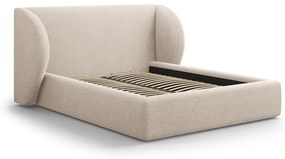 Pat matrimonial bej tapițat cu spațiu de depozitare cu somieră 200x200 cm Miley – Micadoni