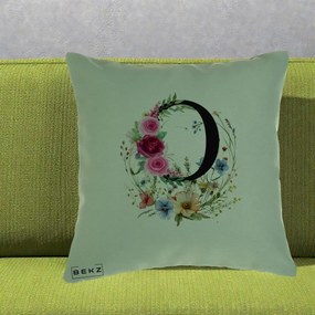 Cadou Personalizat - Perna Personalizata Monogram Litera O cu Flori Acuarela, 40x40 cm, Verde, Husa Detasabila, Perna Inclusa, BEKZ®