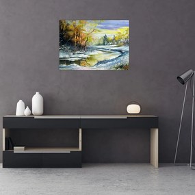 Tablou pe sticlă - Râu de iarnă, pictură în ulei (70x50 cm)