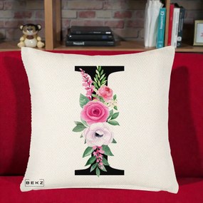 Cadou Personalizat - Perna Personalizata Monograma Florala Litera I, 40x40 cm, Crem Reliefat, Husa Detasabila, Perna Inclusa, BEKZ®