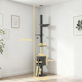 PawHut Ansamblu de joacă pentru Pisici Înalt 220-240 cm cu Hamac, Casetă, Platforme și Stâlpi din Sisal, Gri | Aosom Romania