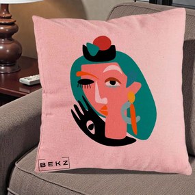 Perna Decorativa Portret Abstract Matisse Turcoaz, 40x40 cm, Roz, Husa Detasabila, Perna Inclusa, BEKZ®