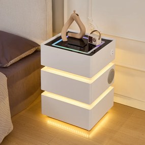 SÉLIA — Noptieră inteligentă cu încărcare Wireless, Bluetooth Stereo, iluminare RGB, USB + Type-C și senzor de mișcare, Alb
